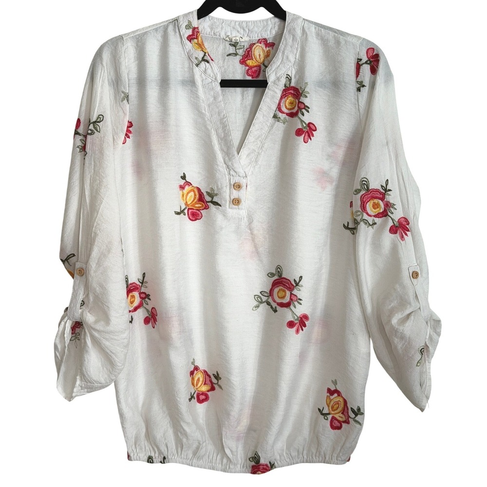 Anthropologie Kindred Floral Embroider Blouse Top RollTab L Cottagecore Boho
